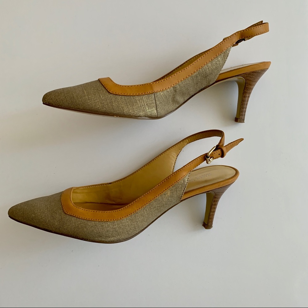 NINE WEST Tan/Gold Slingback Heels.  Sz 6